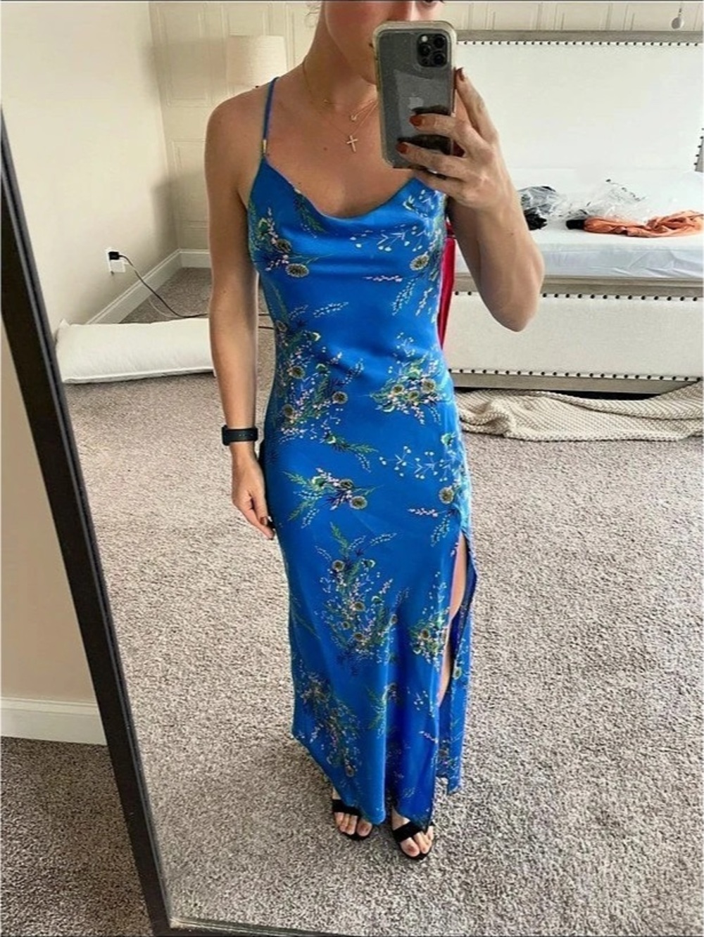 Lulus Absolutely Unique Blue Floral Satin Lace-Up Cowl Maxi Dress
